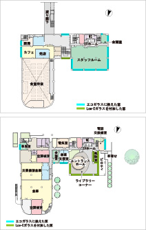 廃墟の再生、そして エコガラスの支援でZEB Readyに-三階平面図/一階平面図